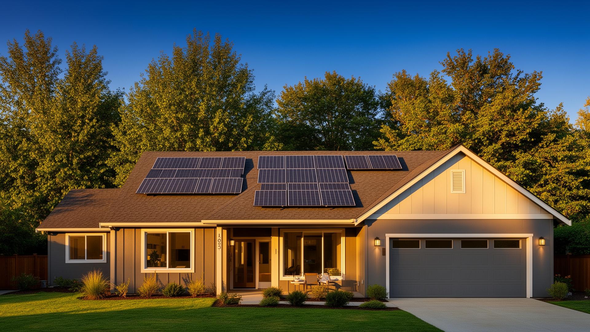 Oregon home with rooftop solar panels at golden hour